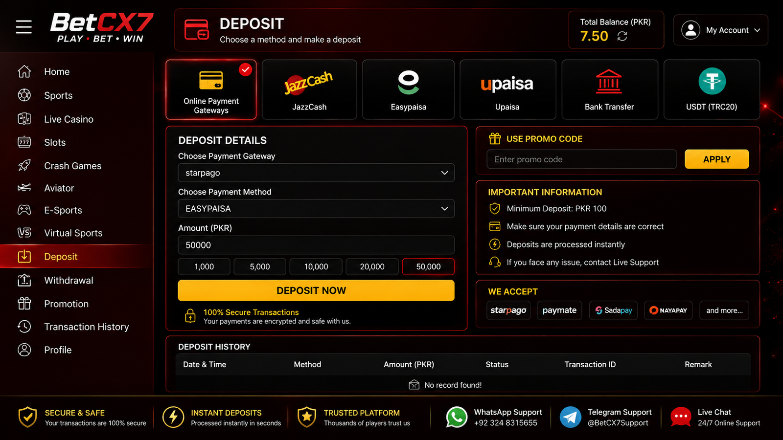 BetCX7 deposit dashboard